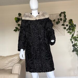 Persian Lamb Elegant Black Persian Lam Fur Coat /Gray Mink Collar Pit -Pit 22.5”